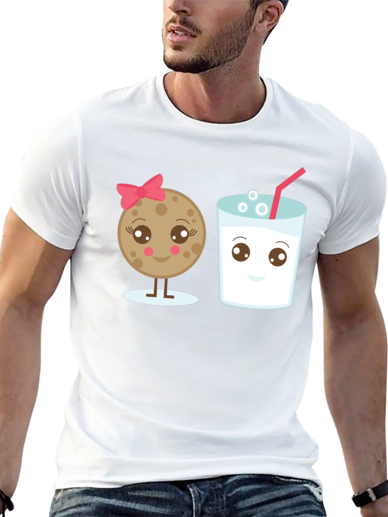 Cute Cookie & Milk Graphic Black T-Shirt