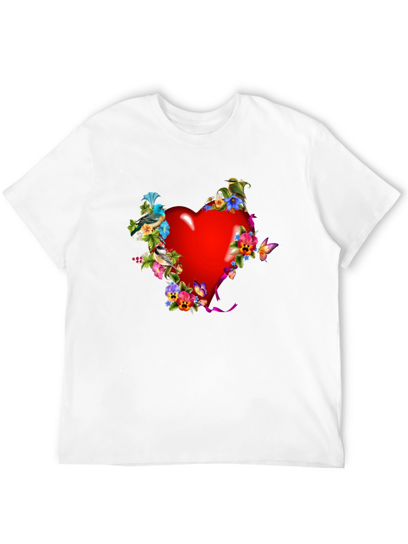 Heart Floral Bird Graphic Black T-Shirt