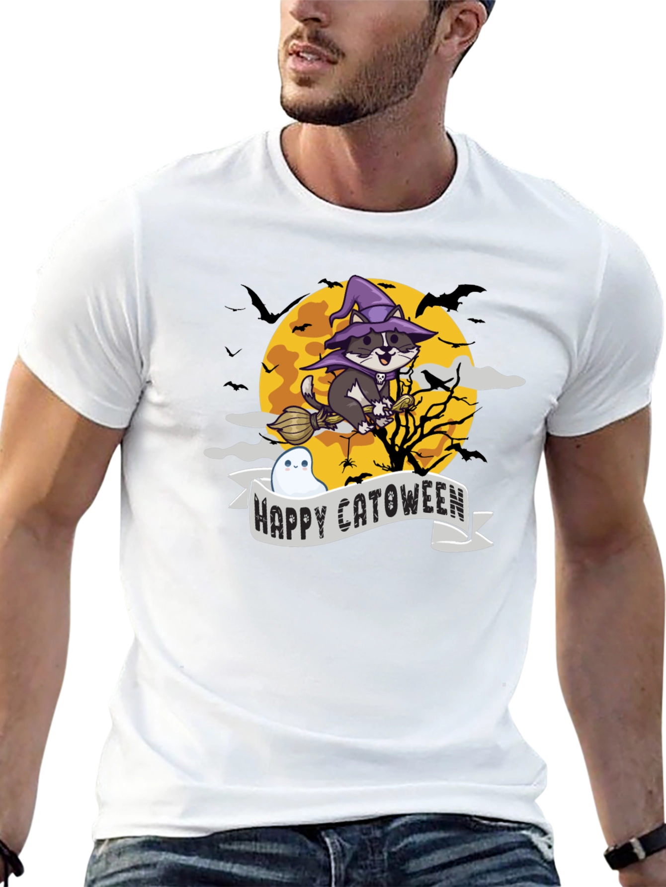 Happy Catoween T-Shirt - Witch Cat on Broom