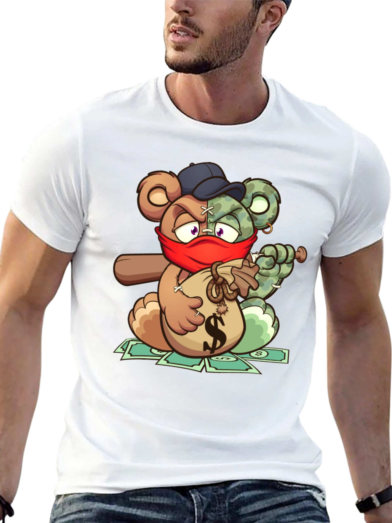 Cartoon Bear Graphic Tee - Bandit Bear on Black