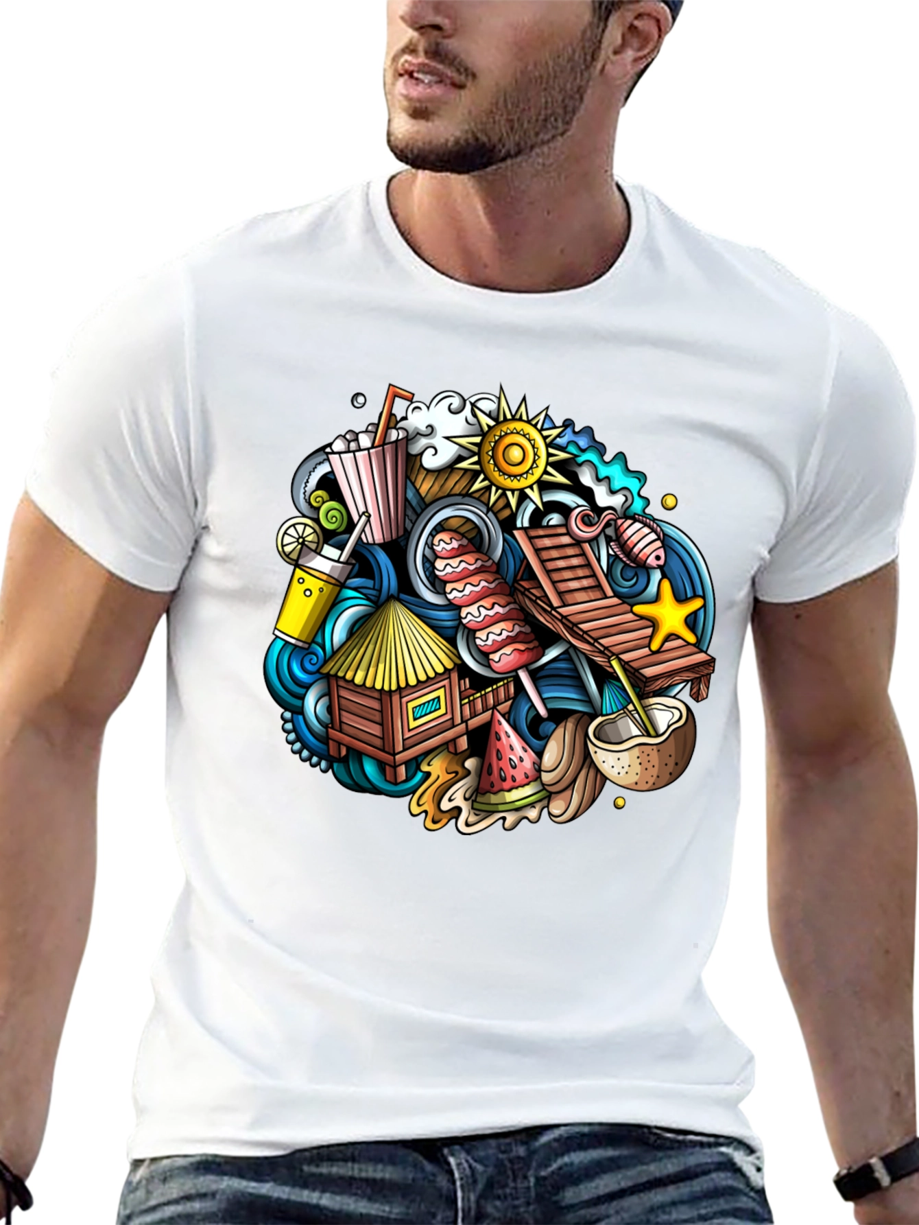 Tropical Summer Doodle Black T-Shirt