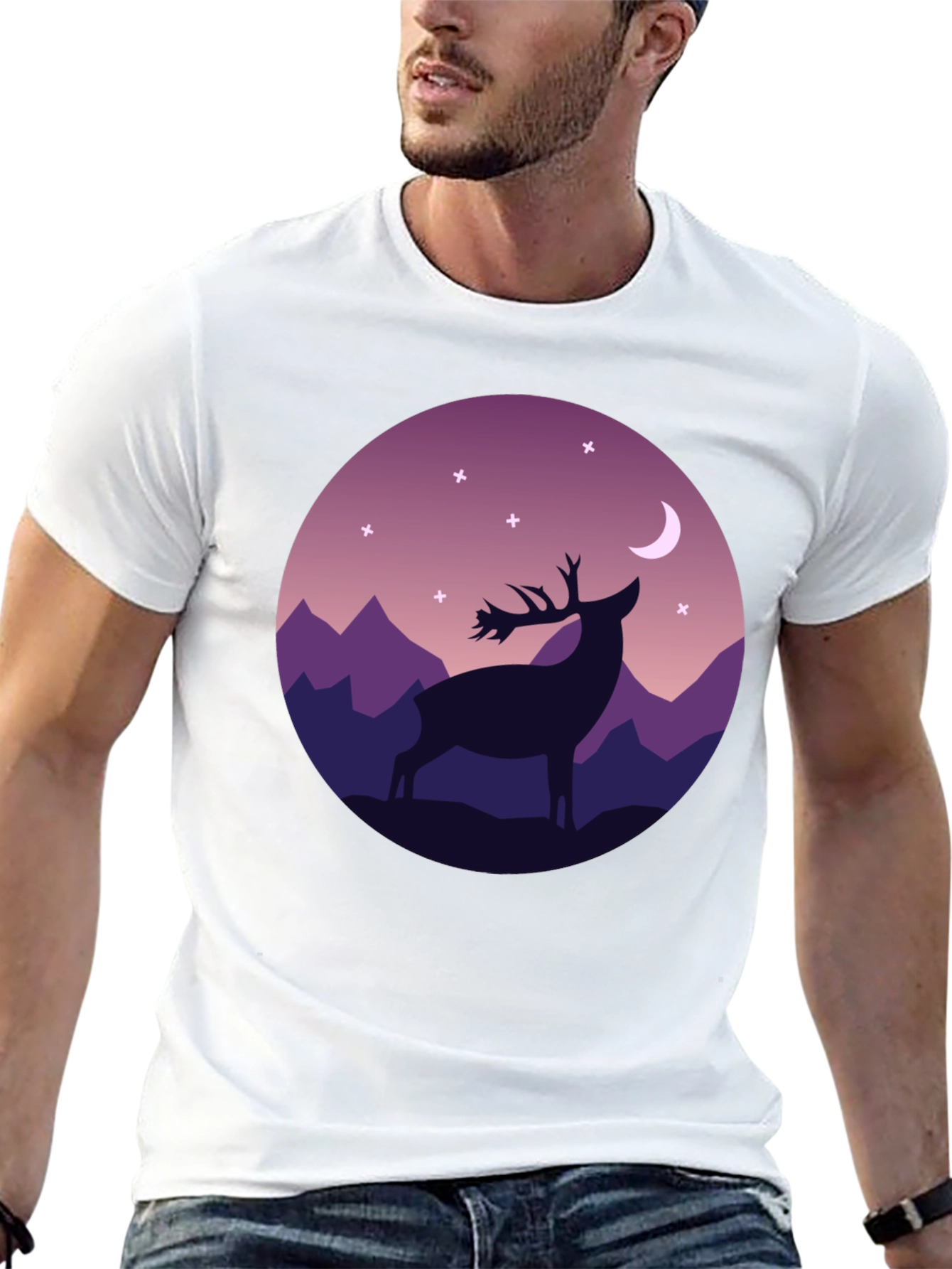 Mens Black T-Shirt Deer Moon Graphic Tee