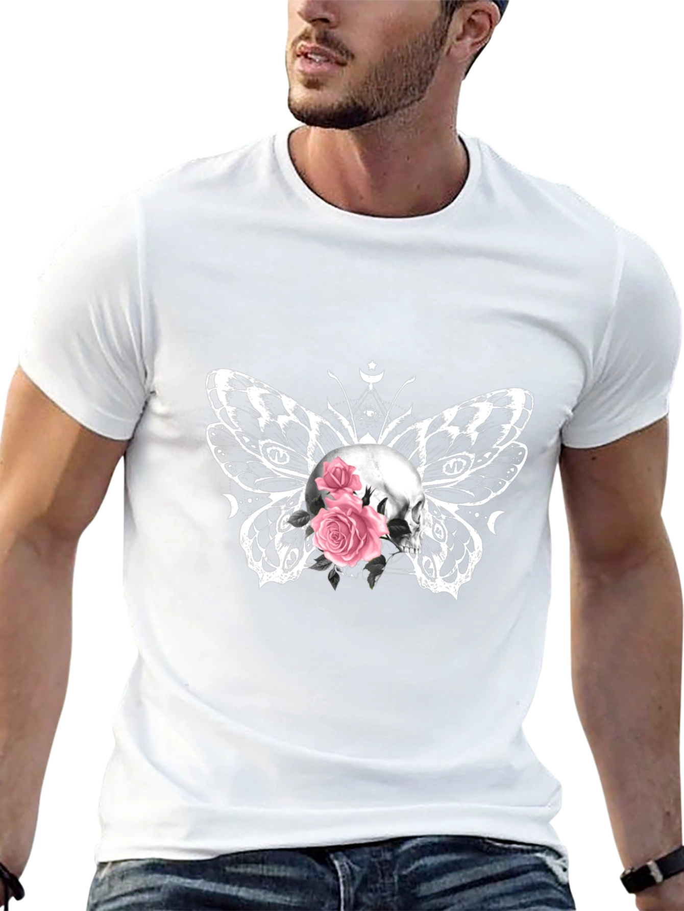 Skull Butterfly Roses Graphic Tee - Black
