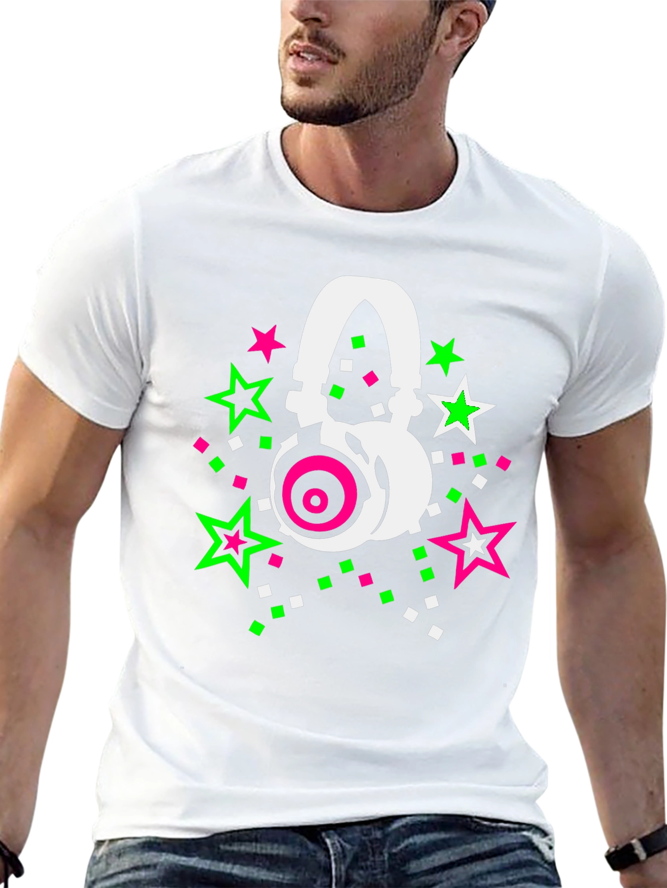 Retro Headphones Star Graphic Black T-Shirt