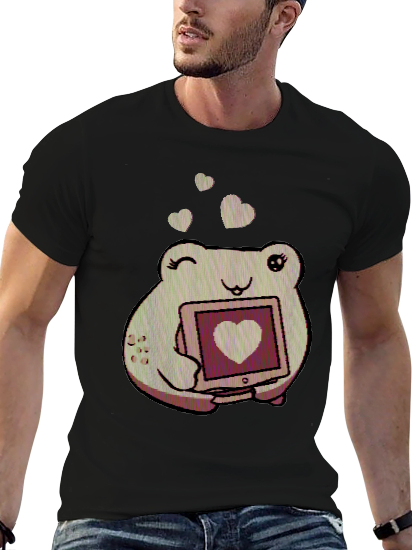 Cute Frog Holding Heart Monitor Black T-Shirt
