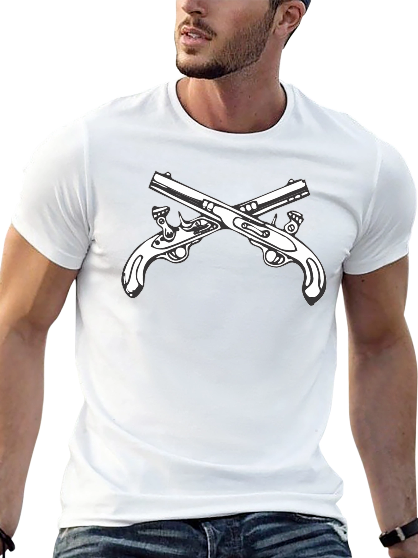 Black T-Shirt with Crossed Pistols Graphic