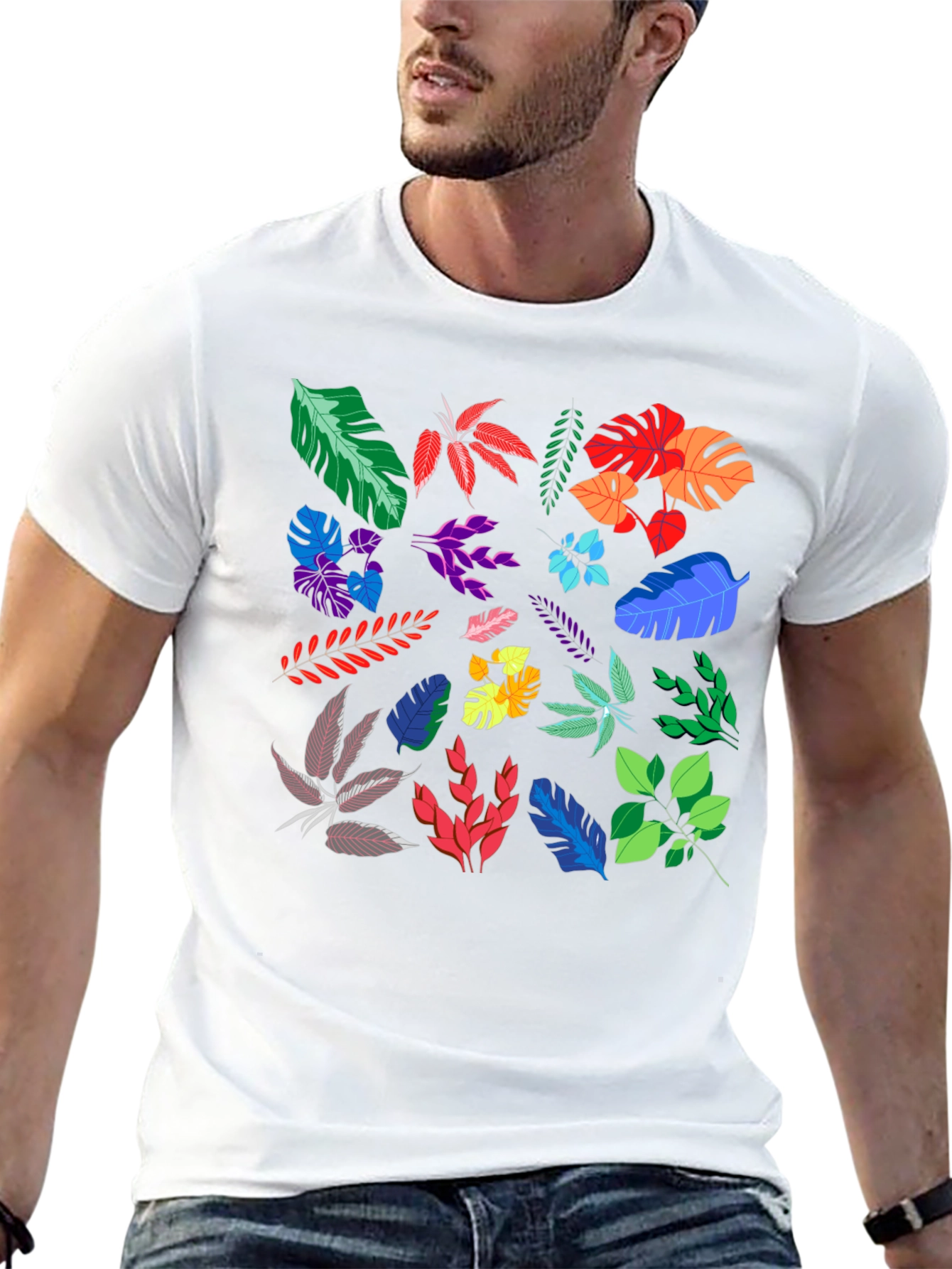 Tropical Leaves Print Black T-Shirt