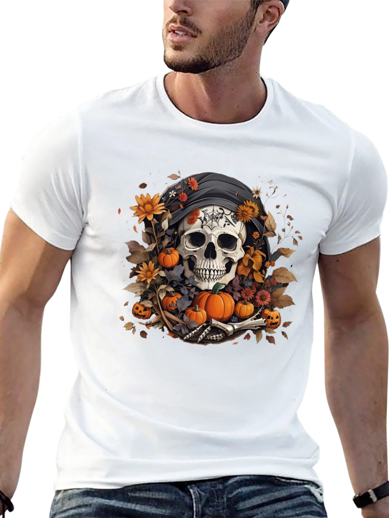 Halloween Skull T-Shirt: Floral Pumpkin Reaper Design