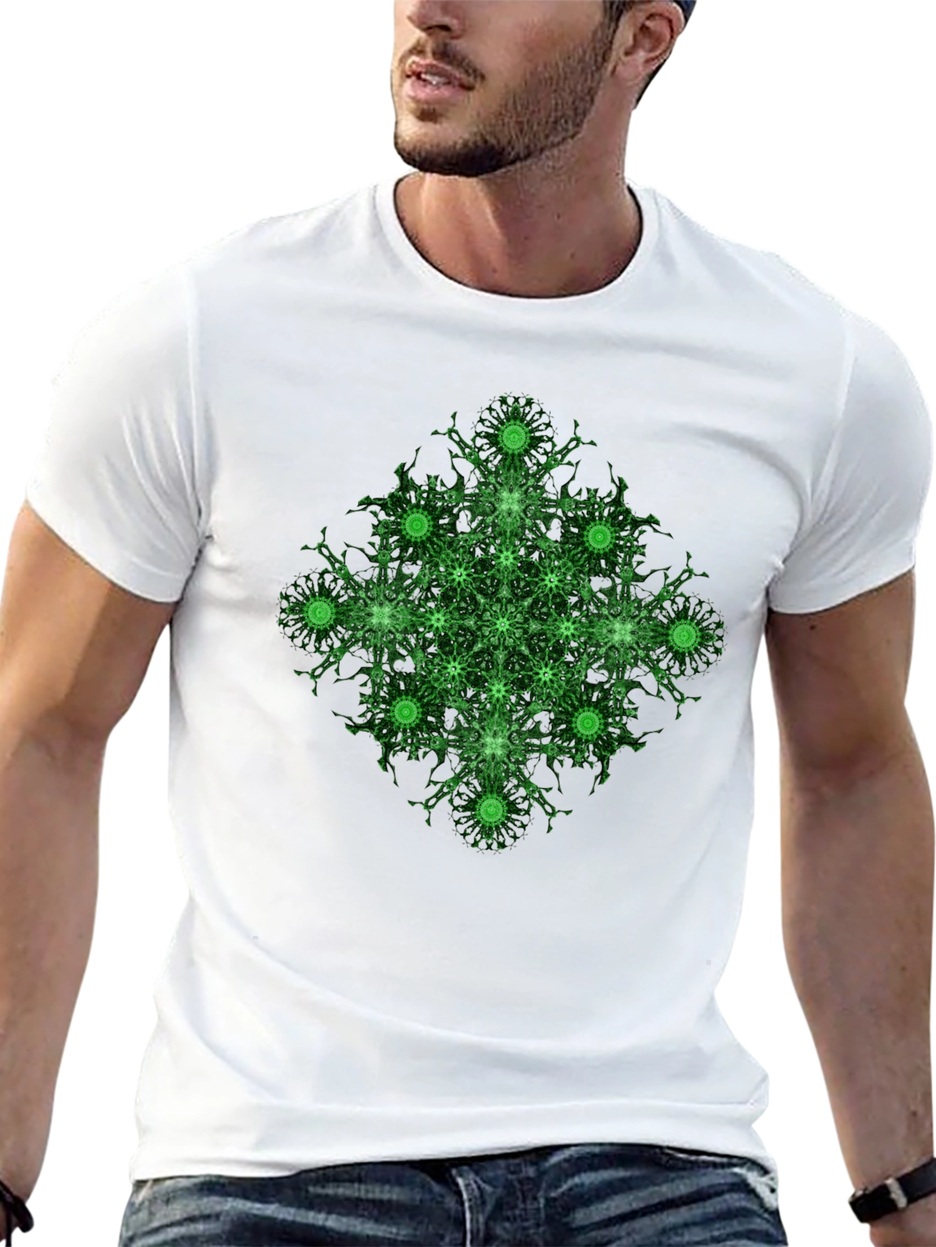 Geometric Green Pattern Black T-Shirt
