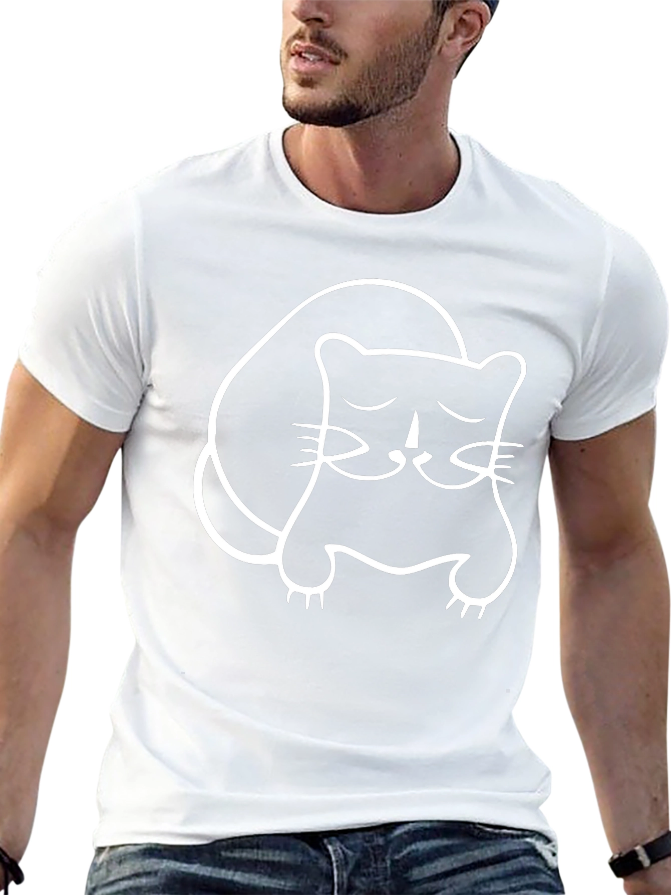 Cute Cat Outline Black T-Shirt