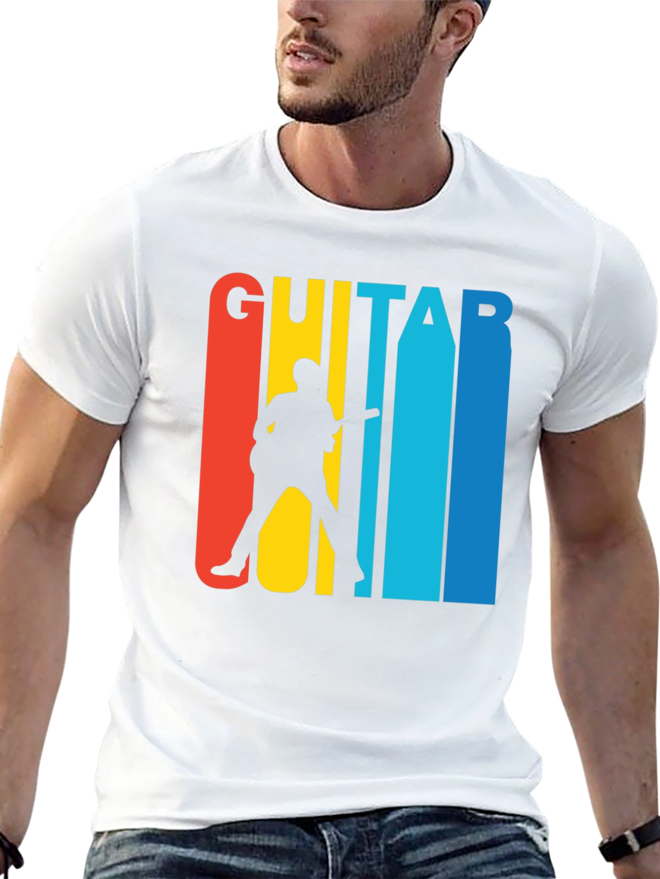 Retro Guitar Player Graphic Tee - Black Cotton T-Shirt