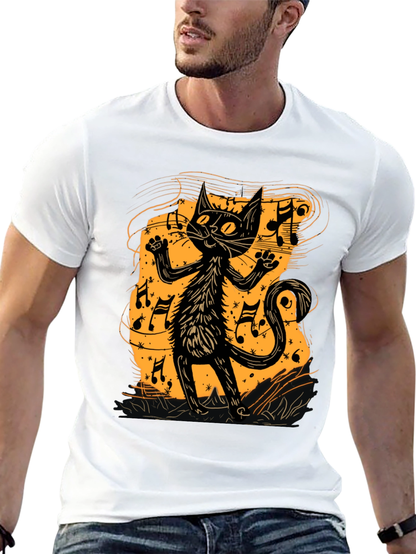 Musical Cat Graphic Tee - Black Cotton T-Shirt