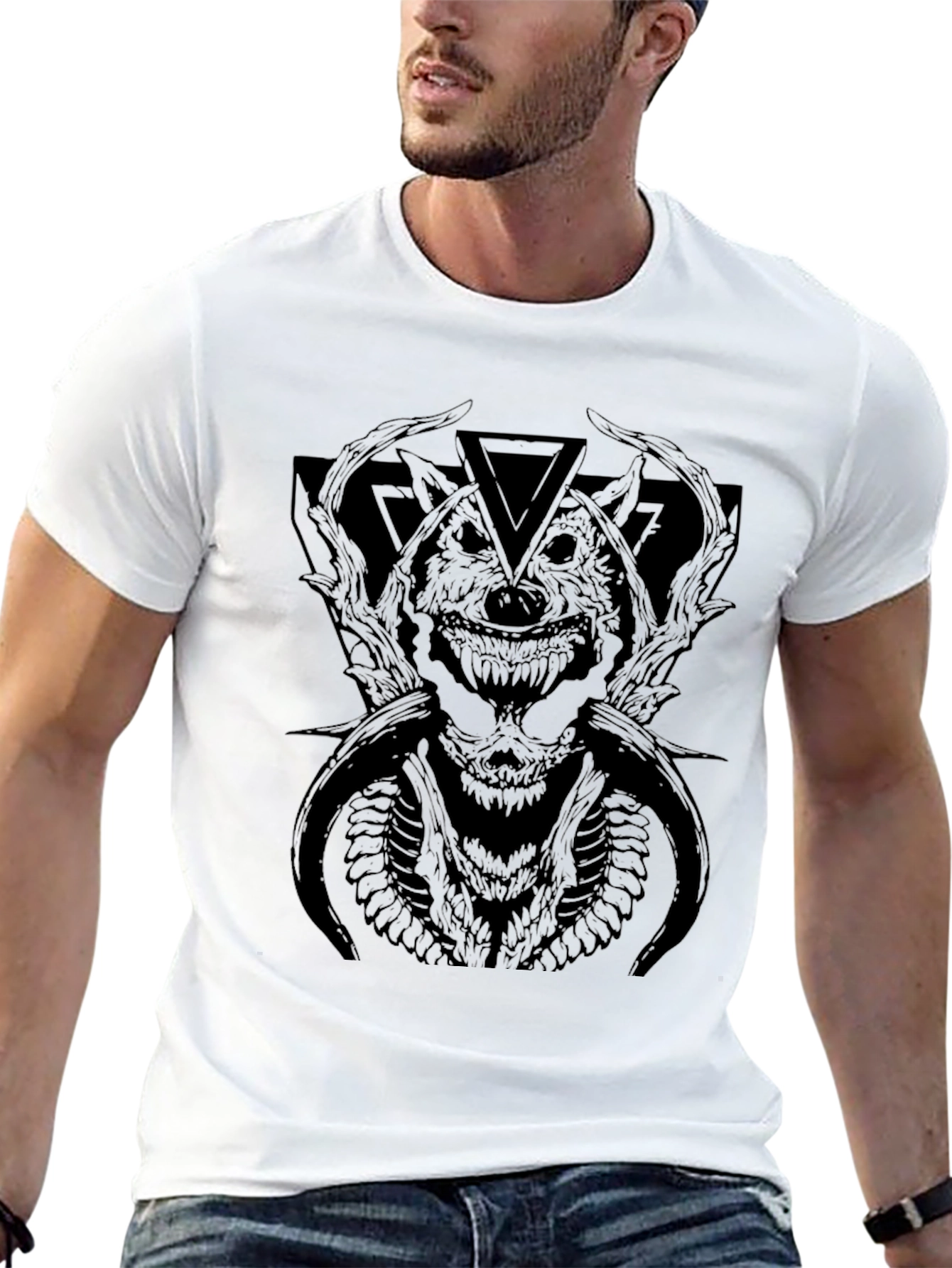 Mens Black Graphic Tee - Wolf Monster Design