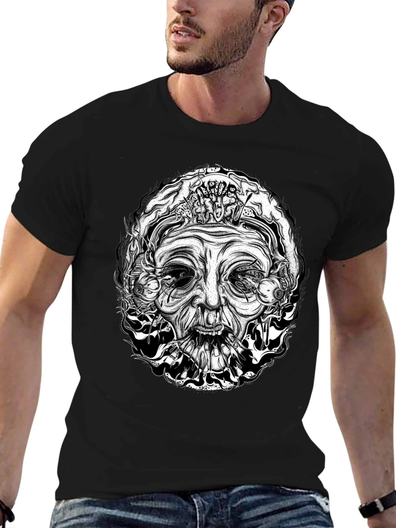 Creepy Face Graphic Print Black T-Shirt