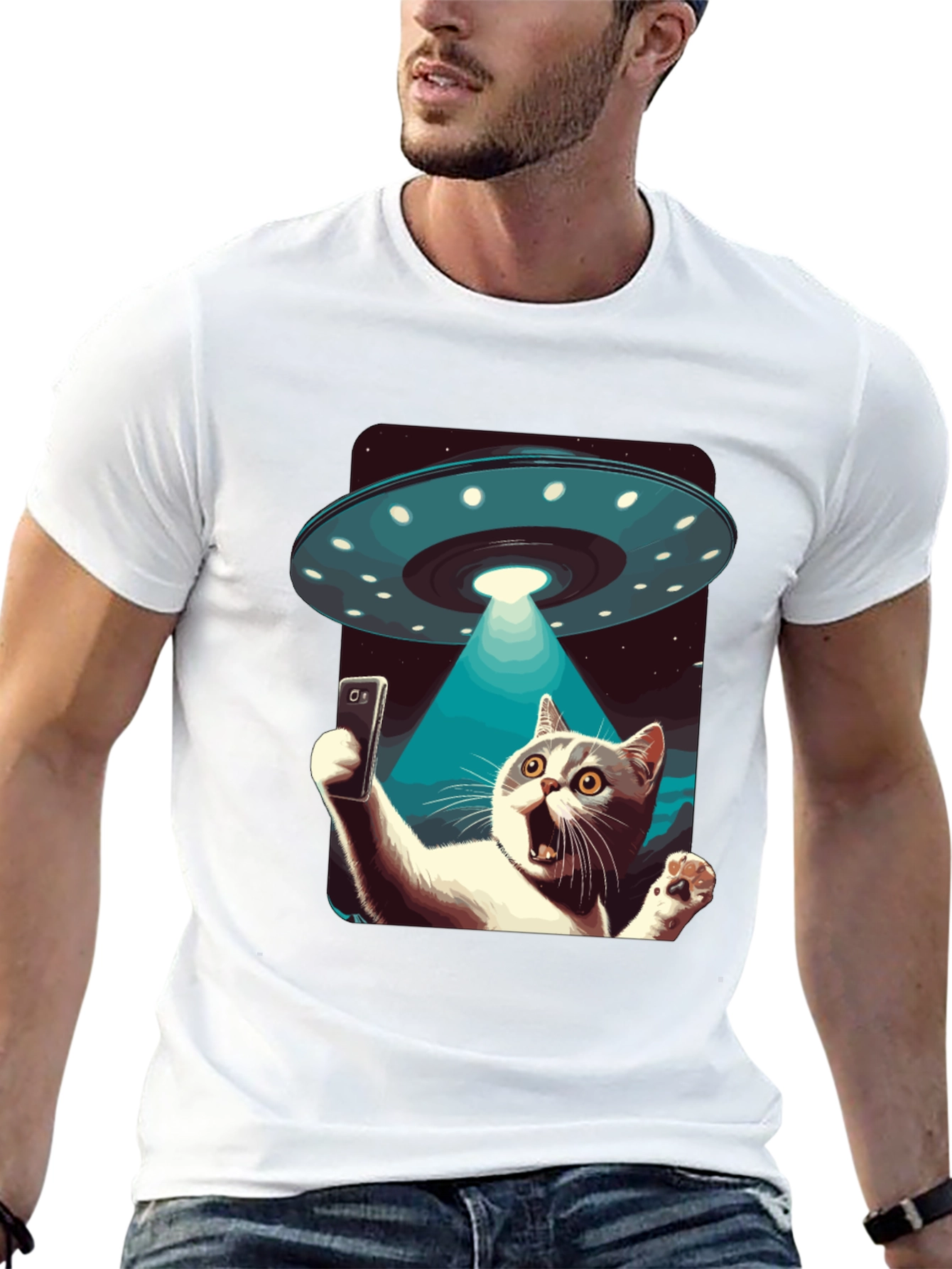 Alien Abduction Cat Selfie T-Shirt