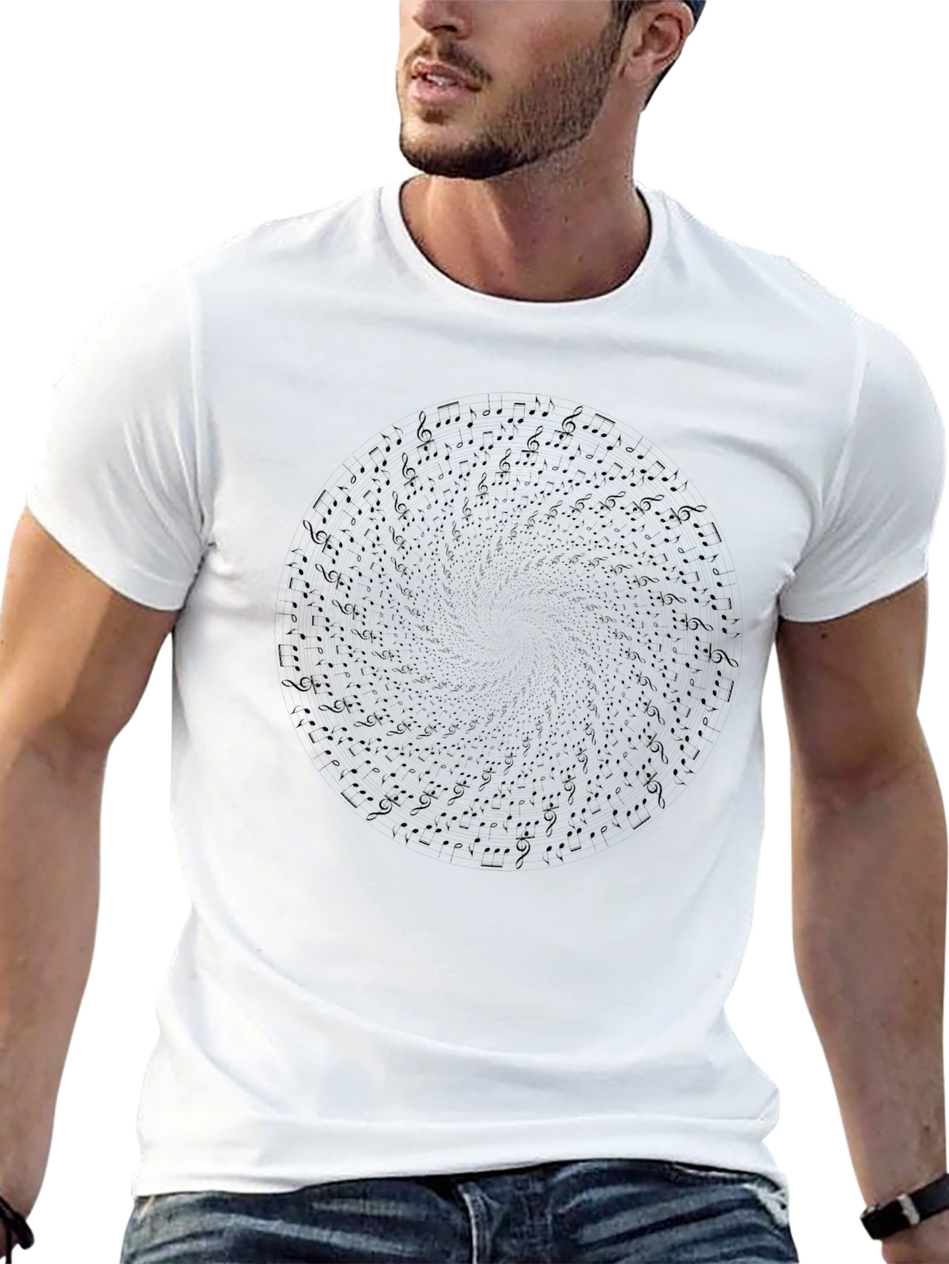 Mens Black Music Note Swirl Graphic T-Shirt