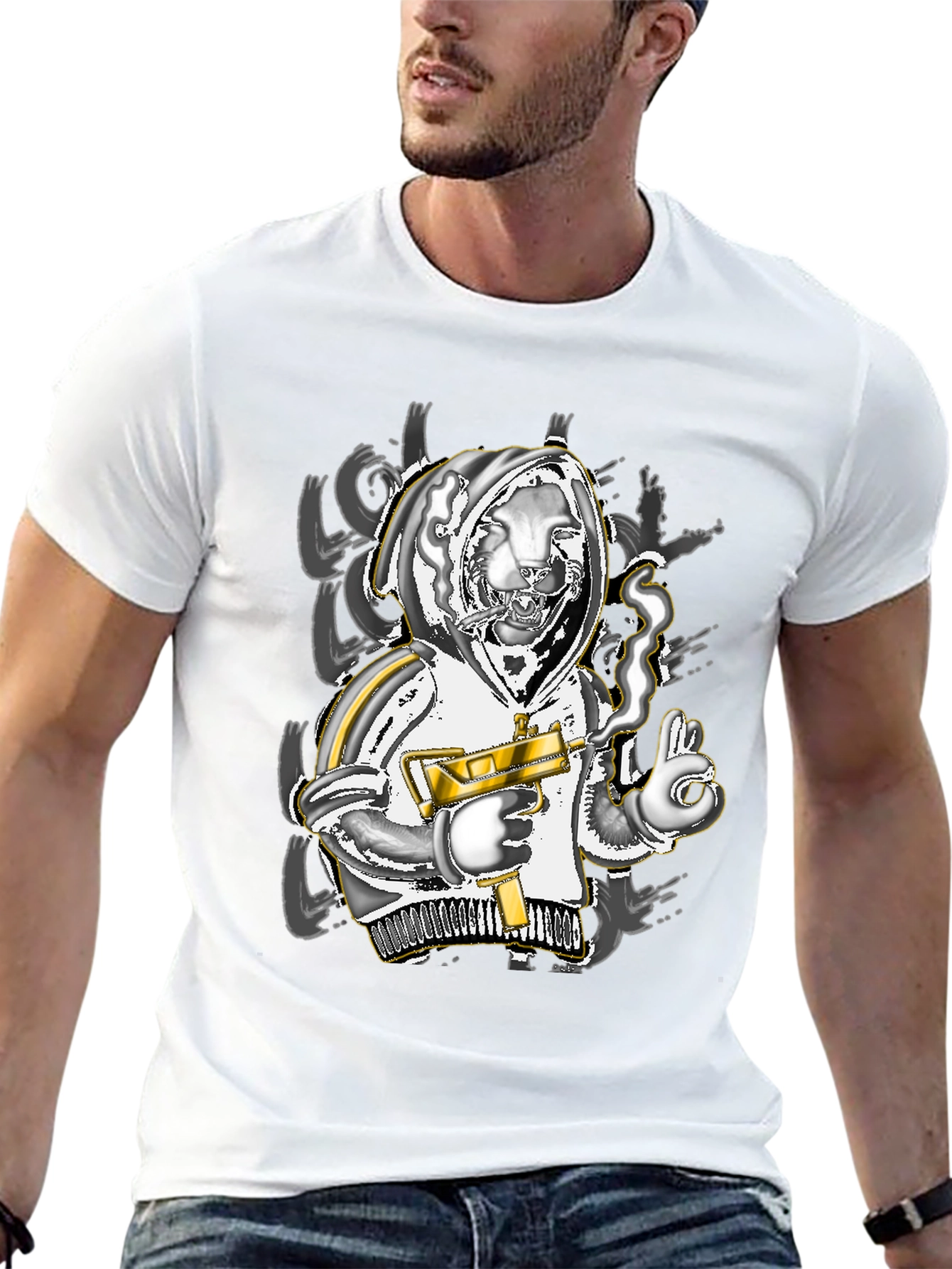 Urban Streetwear Graphic Tee - Lion with Gun