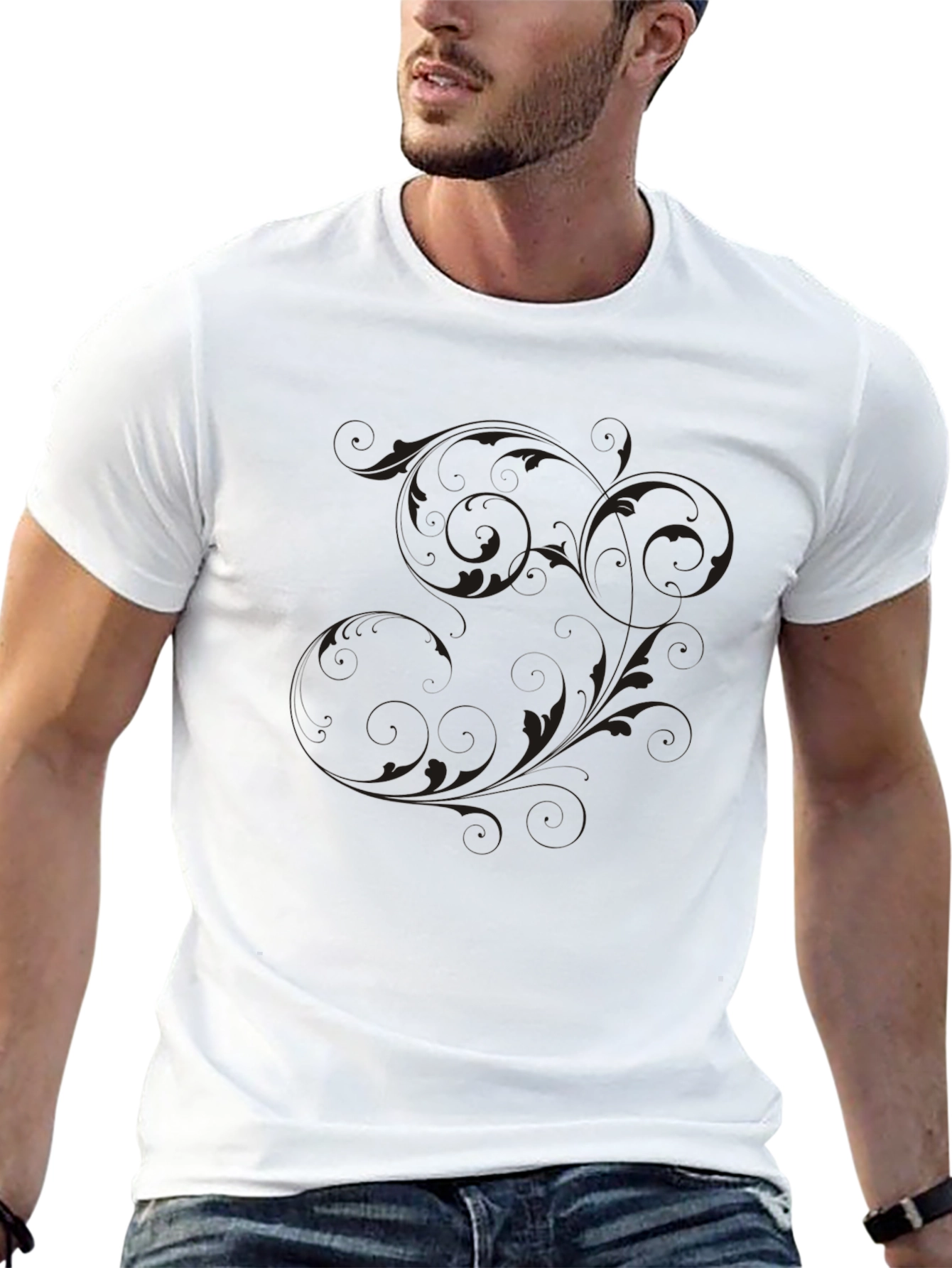 Mens Black T-Shirt with Floral Scroll Design