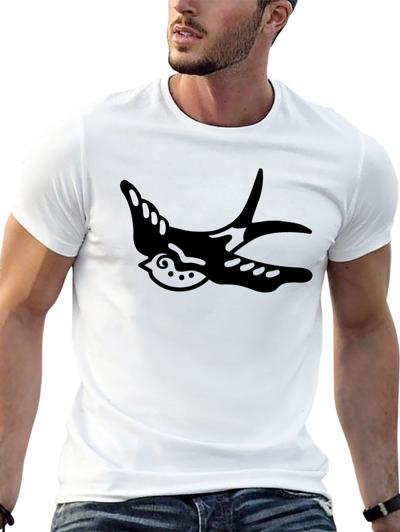 Mens Black T-Shirt with Swallow Graphic