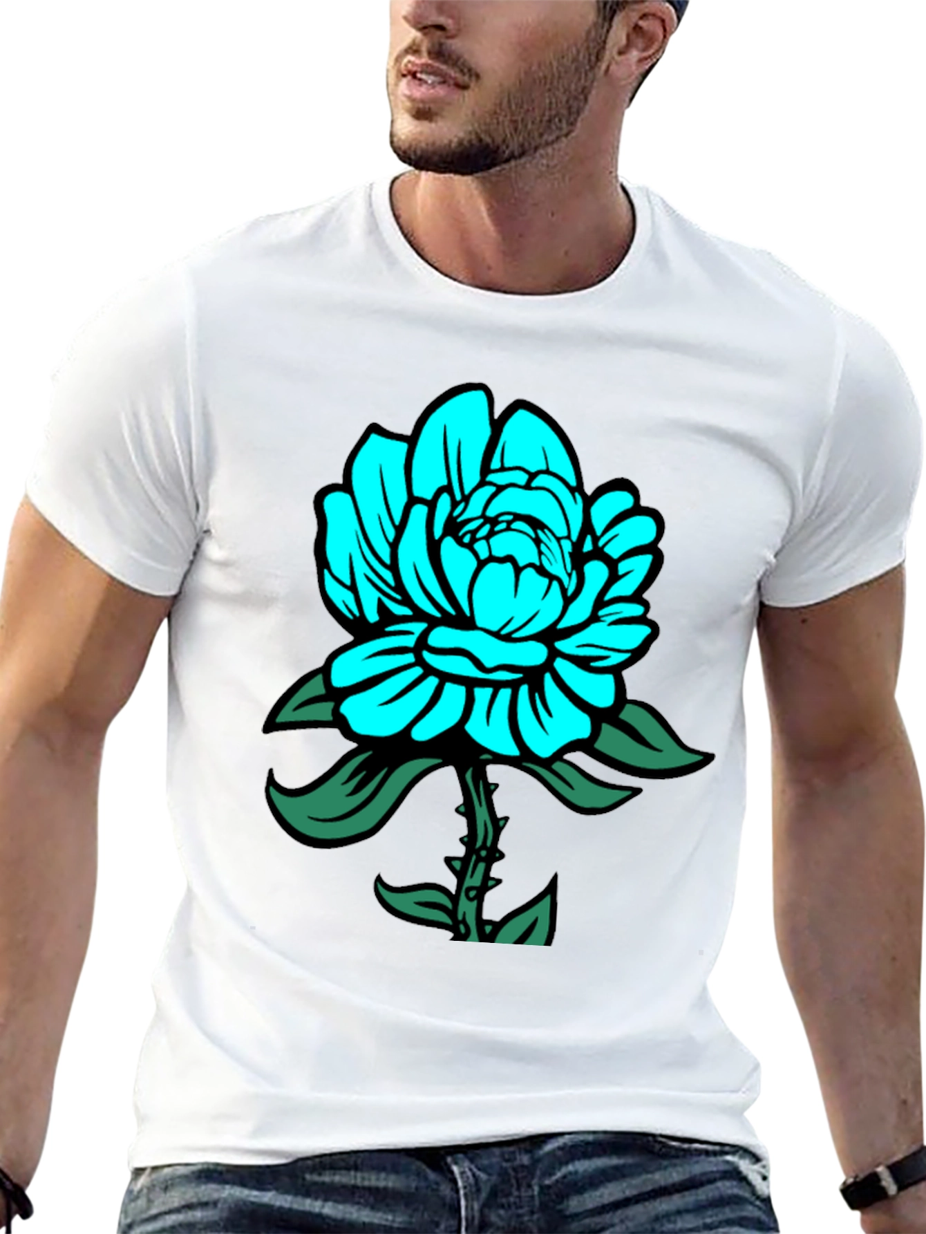Mens Black T-Shirt with Teal Floral Design