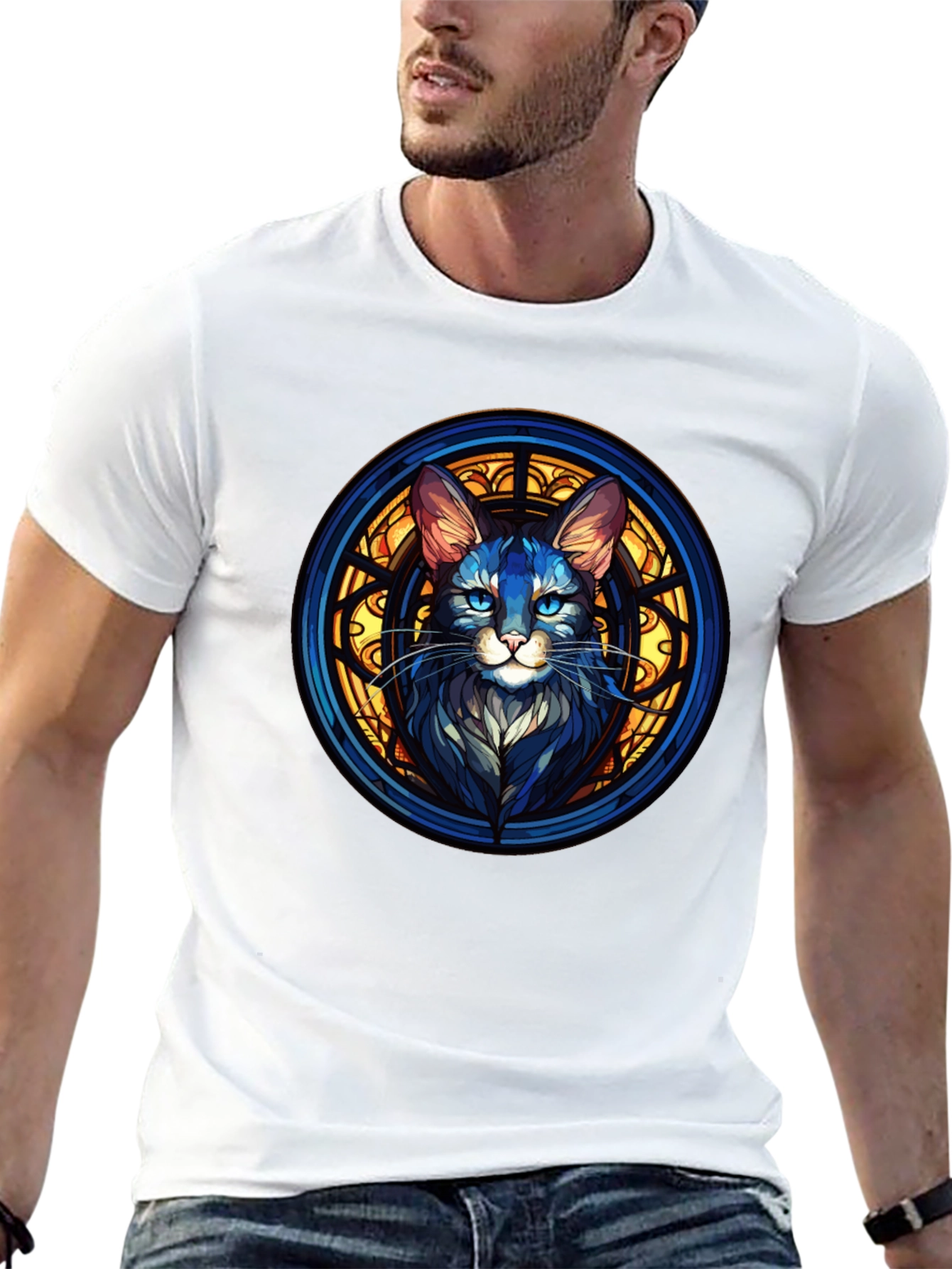 Stained Glass Cat Graphic Black T-Shirt