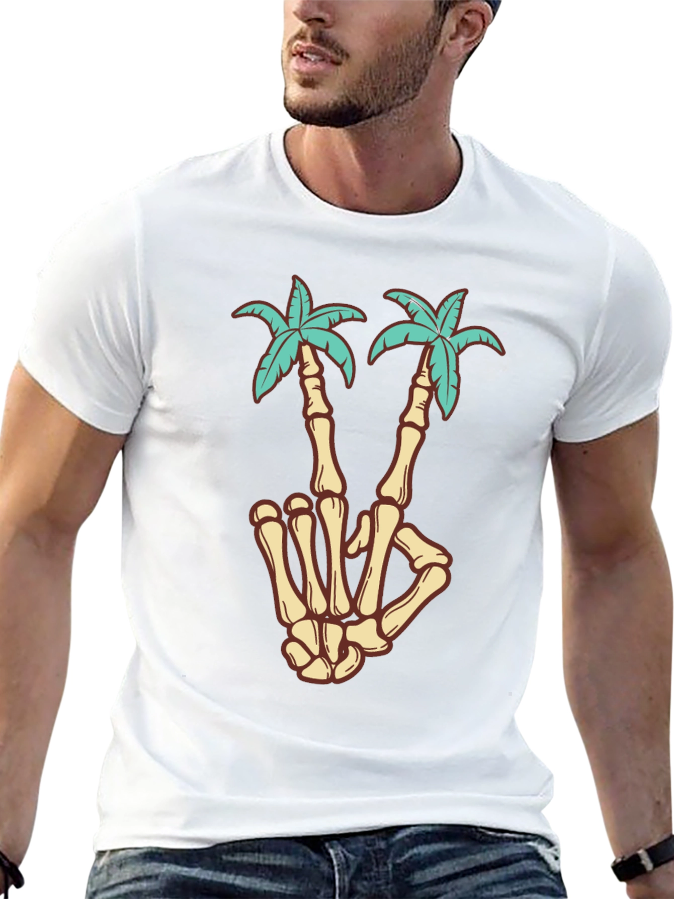 Skeleton Hand Peace Sign Palm Tree Graphic Tee