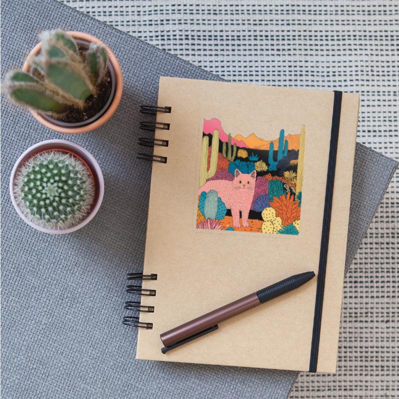 Retro Pink Cat in a Trippy Cactus Wonderland