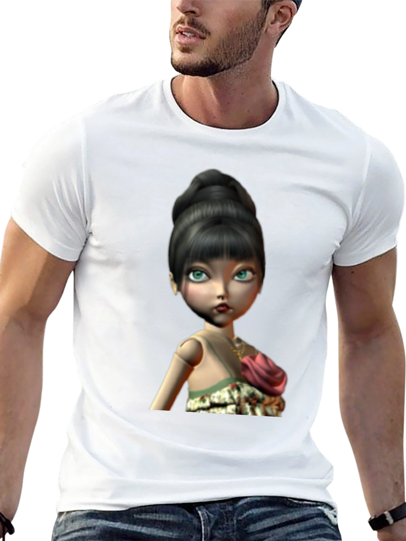Black T-Shirt with Animated Doll Print