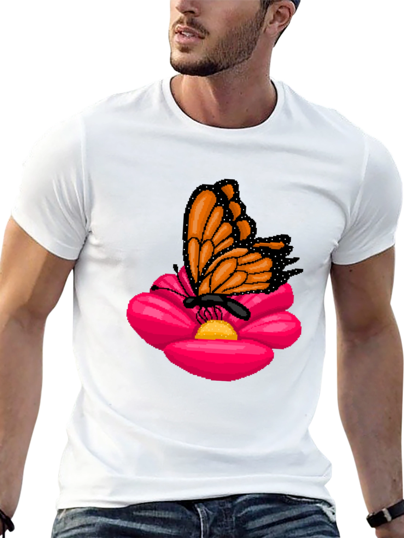 Butterfly on Flower Graphic T-Shirt - Casual Black Tee