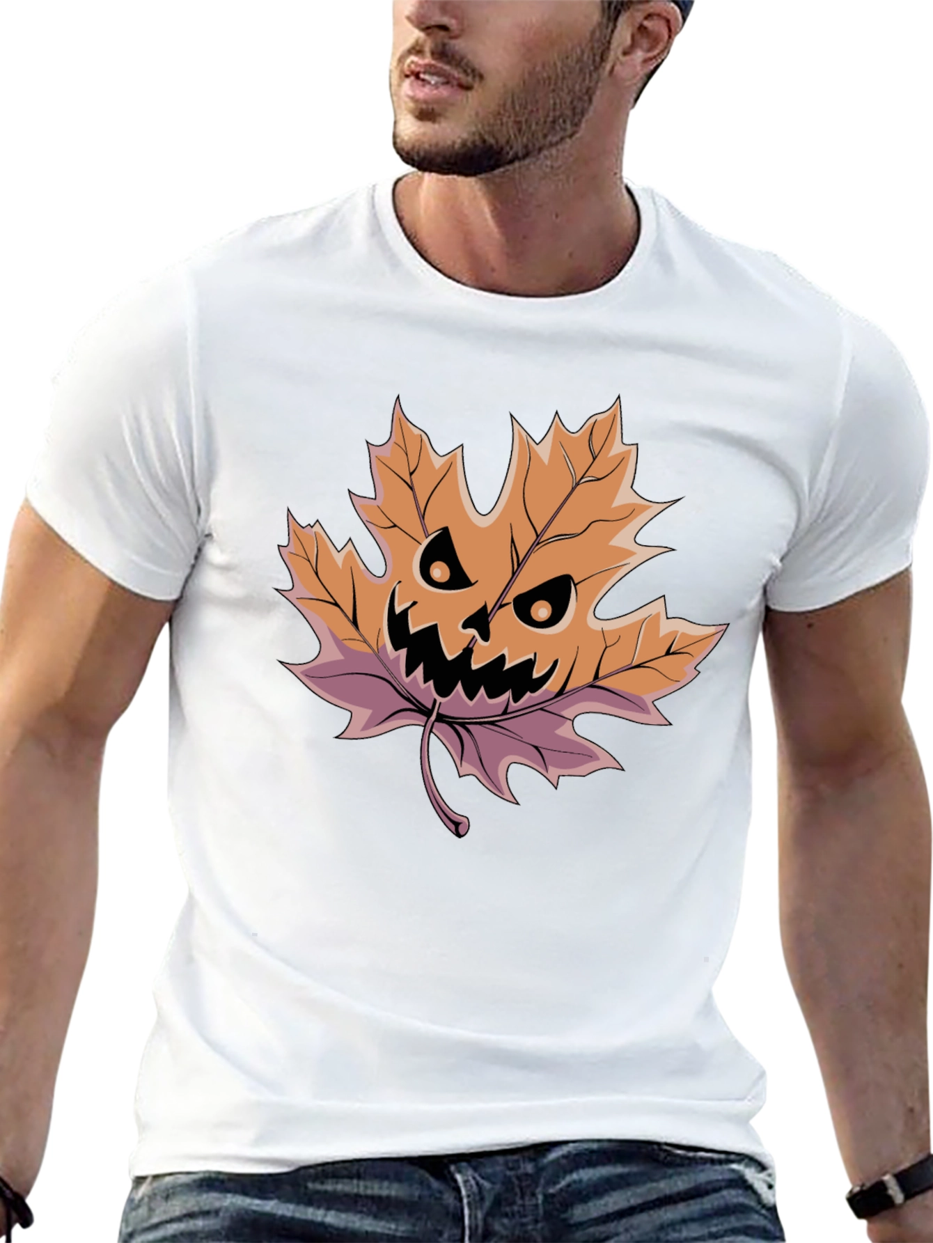 Halloween Leaf Pumpkin T-Shirt - Spooky Season Style