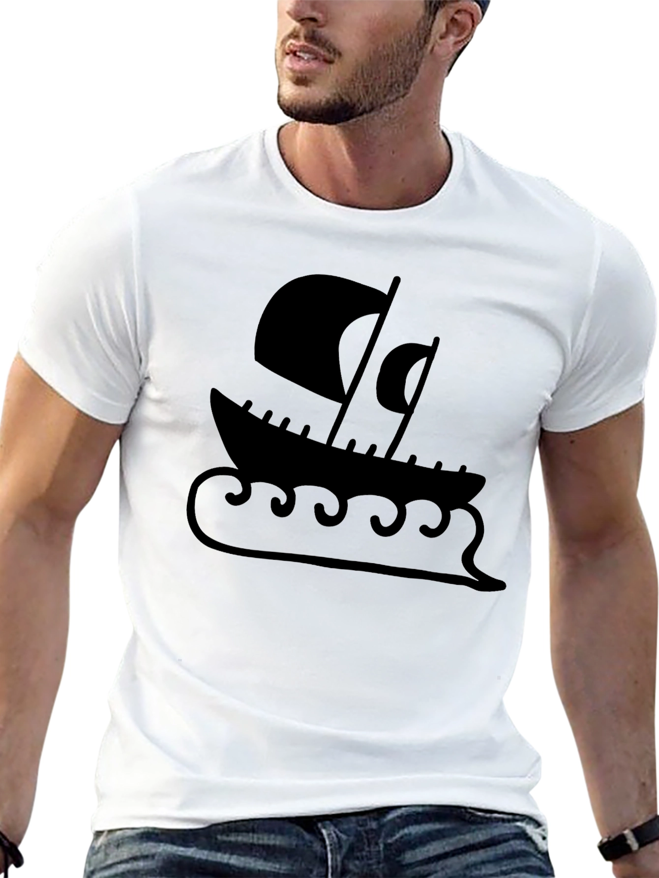 Viking Ship Graphic Tee - Black Cotton Blend