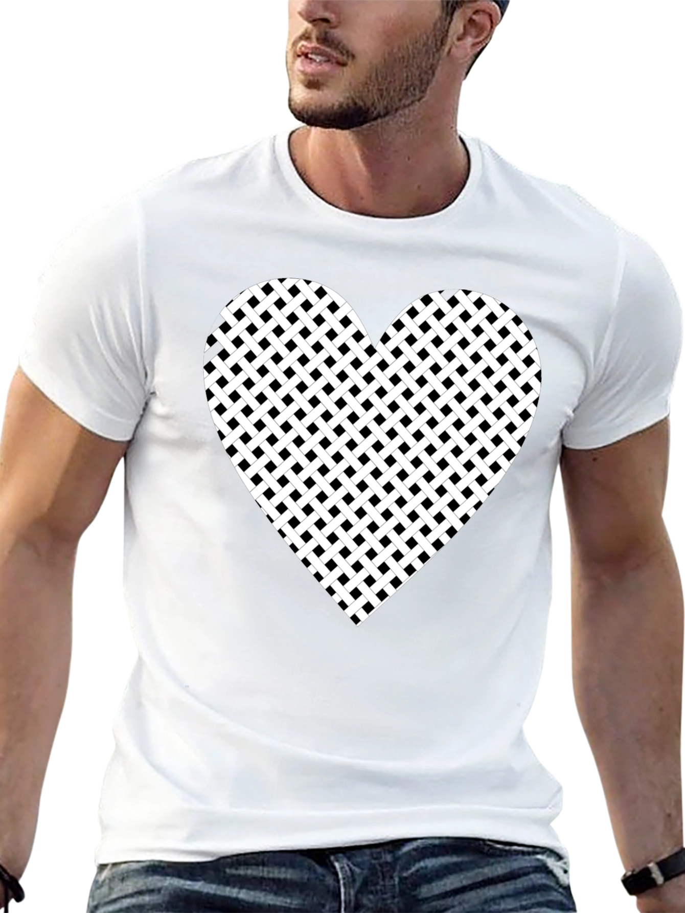 Black T-Shirt with Woven Heart Design