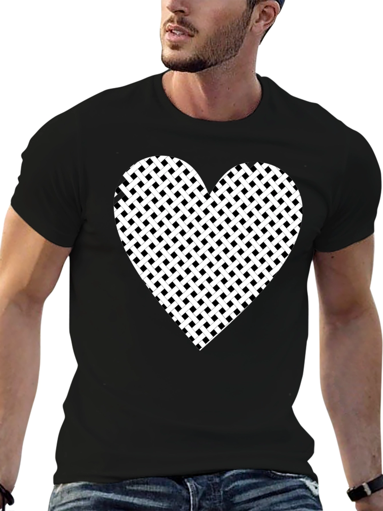 Black T-Shirt with Woven Heart Design
