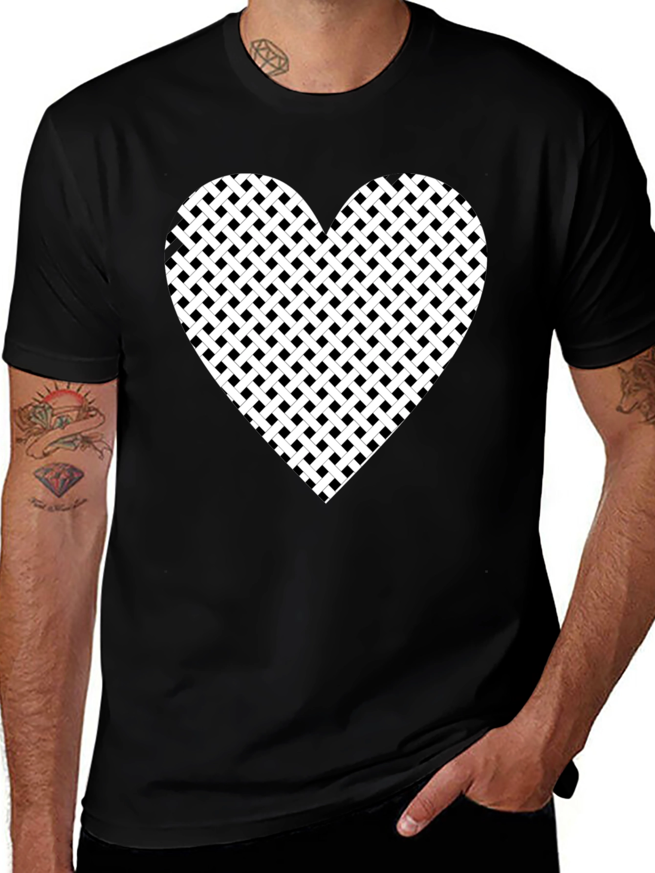 Black T-Shirt with Woven Heart Design