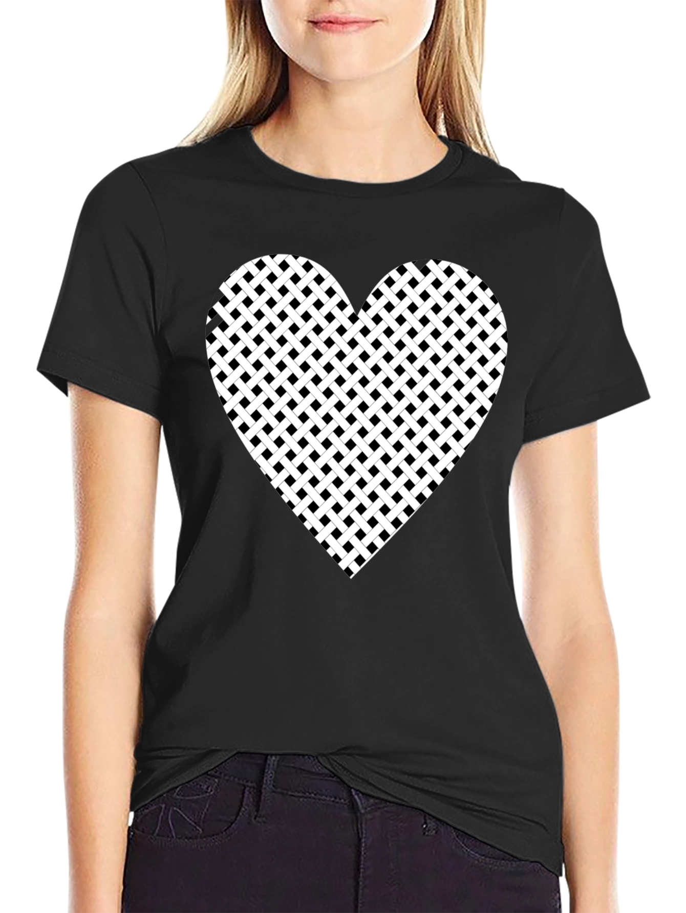 Black T-Shirt with Woven Heart Design