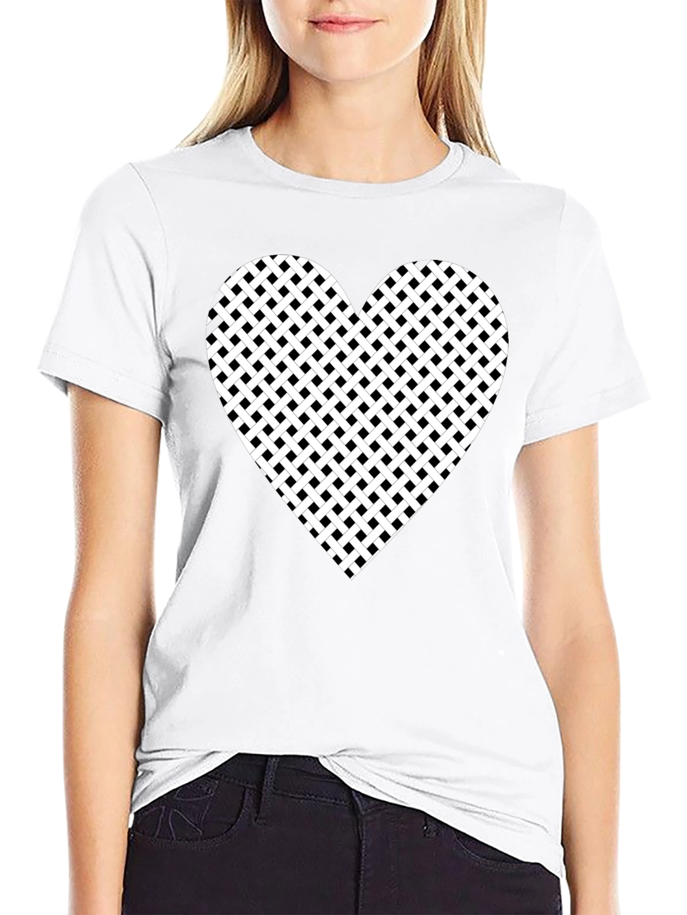 Black T-Shirt with Woven Heart Design
