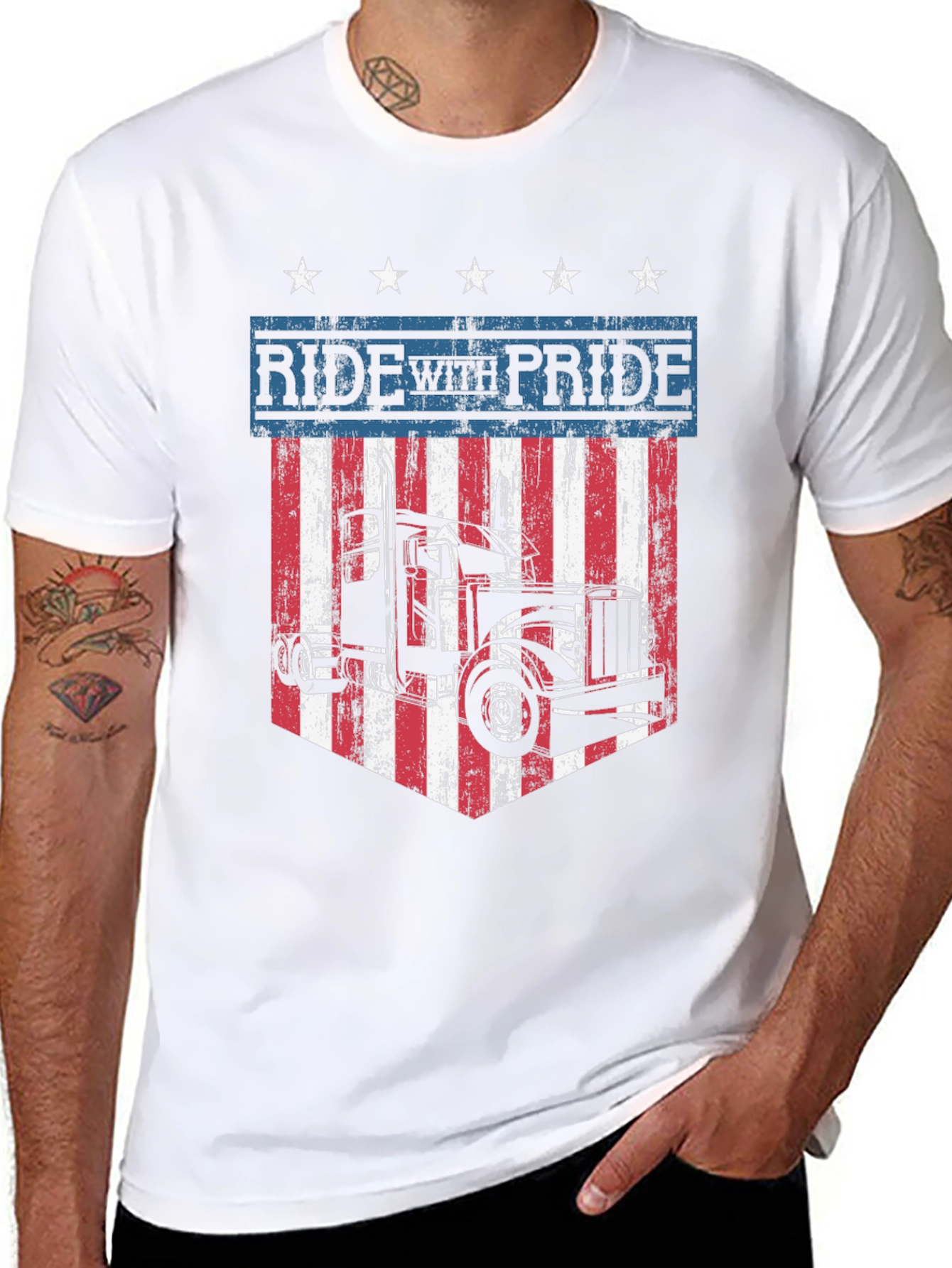 Ride with Pride Trucker T-Shirt Patriotic USA Flag