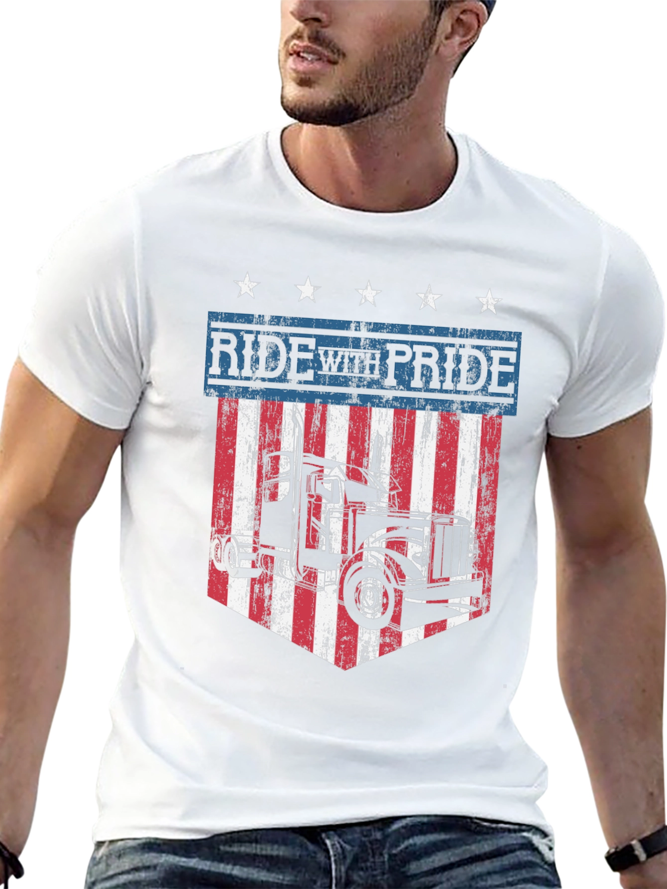 Ride with Pride Trucker T-Shirt Patriotic USA Flag