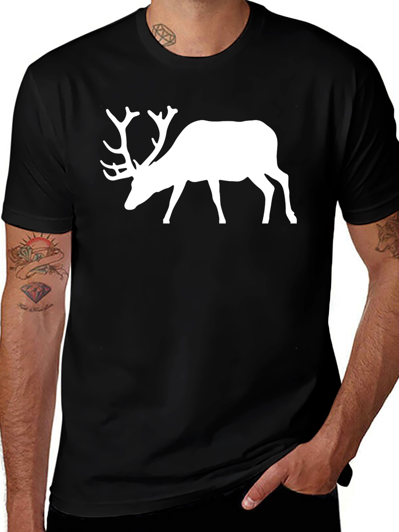Mens Black T-Shirt with White Deer Graphic