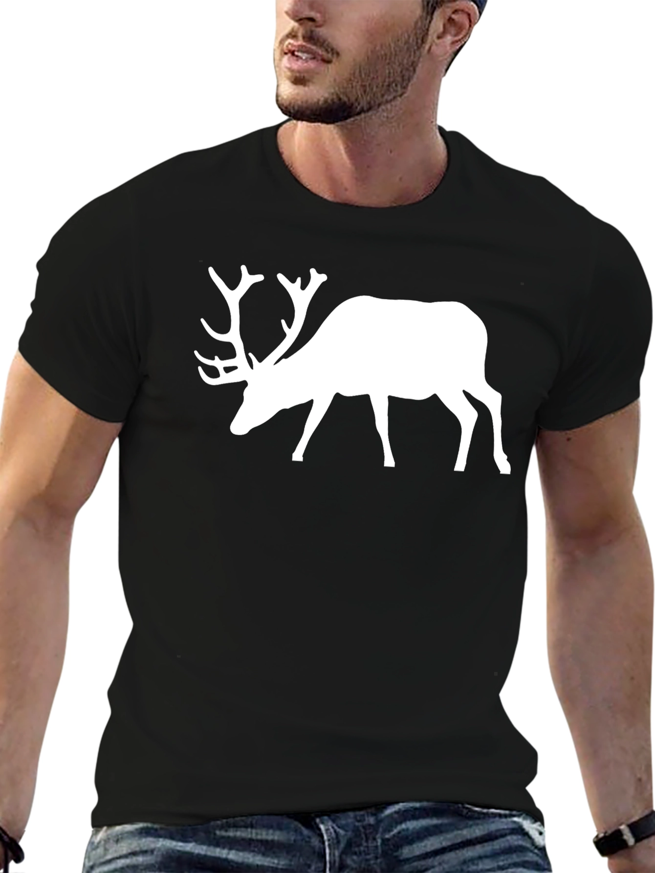 Mens Black T-Shirt with White Deer Graphic