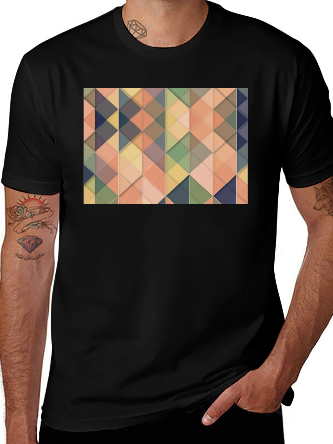 Geometric Triangle Pattern Black T-Shirt