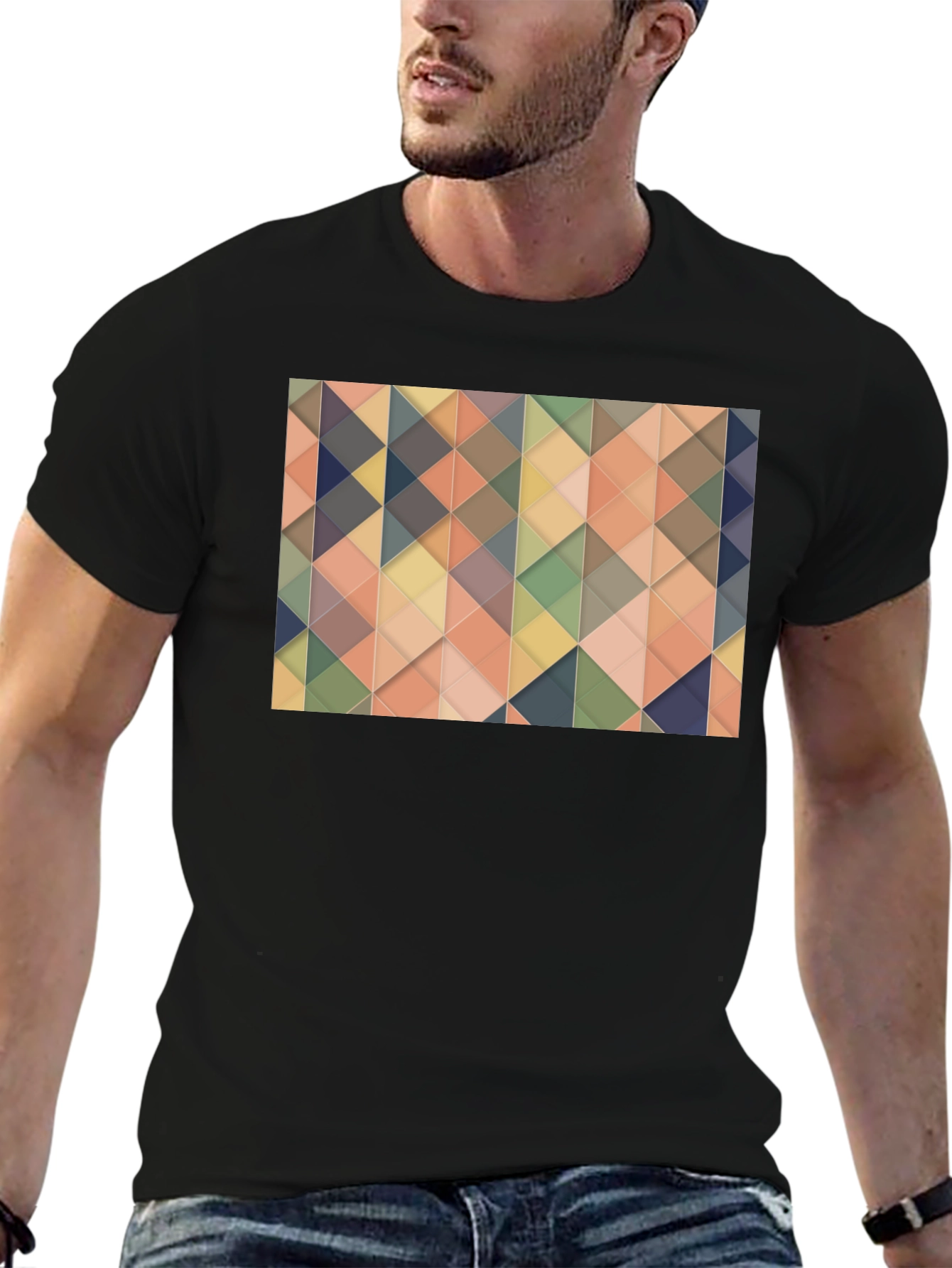 Geometric Triangle Pattern Black T-Shirt