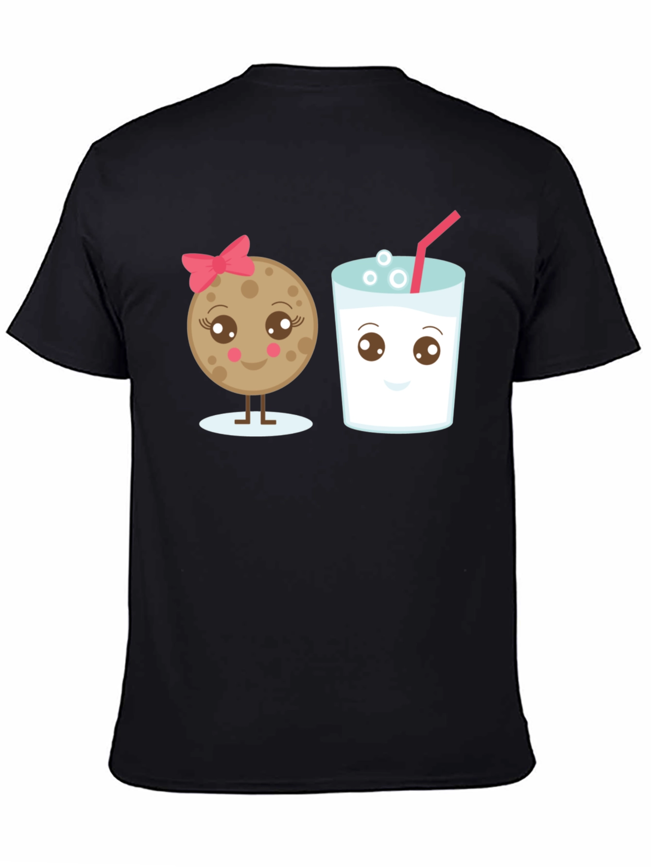 Cute Cookie & Milk Graphic Black T-Shirt