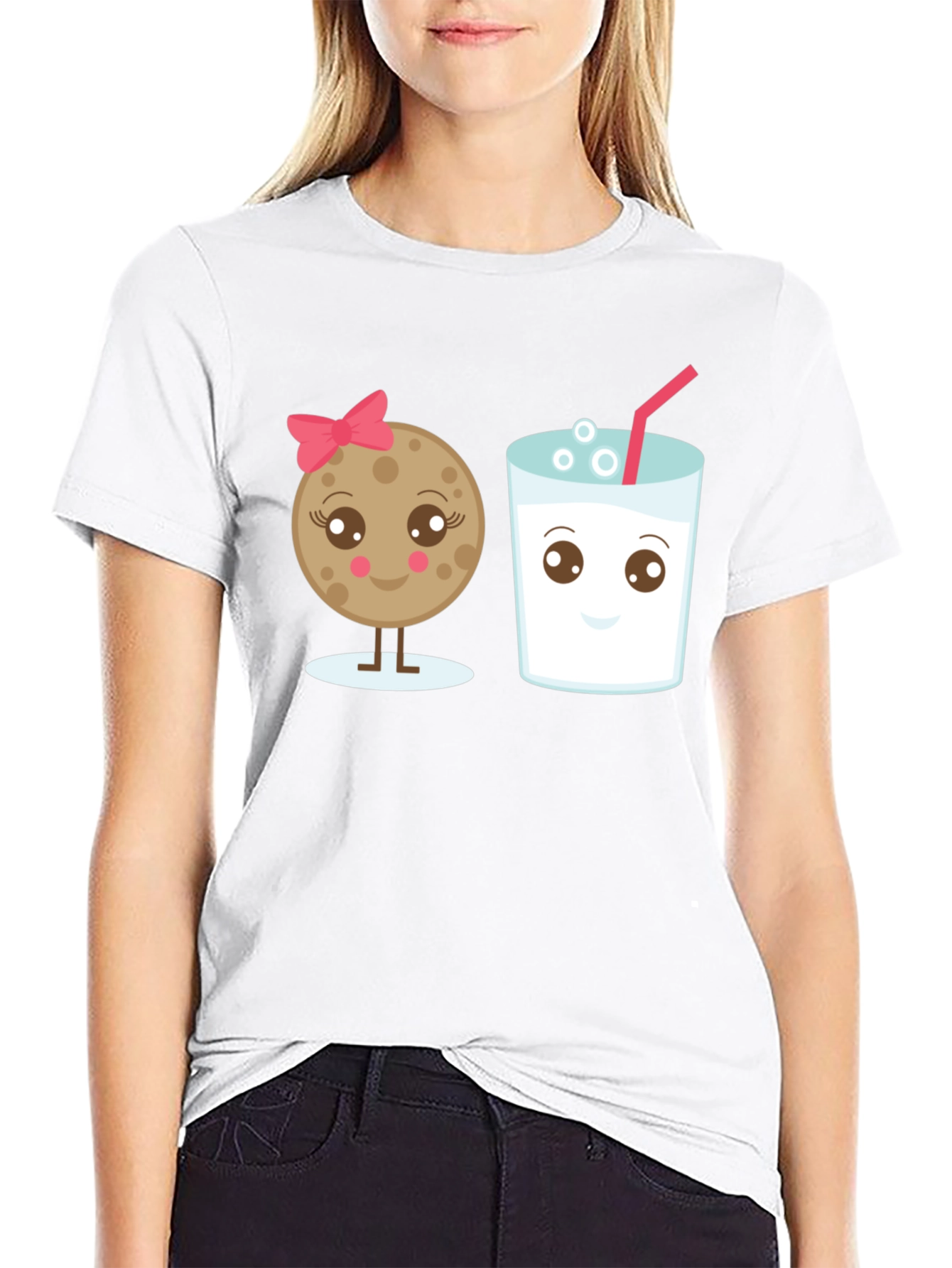 Cute Cookie & Milk Graphic Black T-Shirt