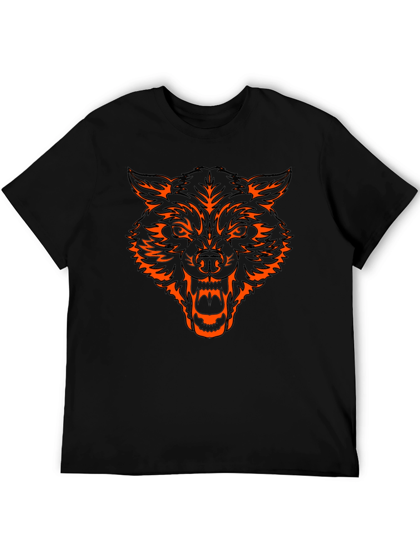 Black T-Shirt with Orange Wolf Head Graphic