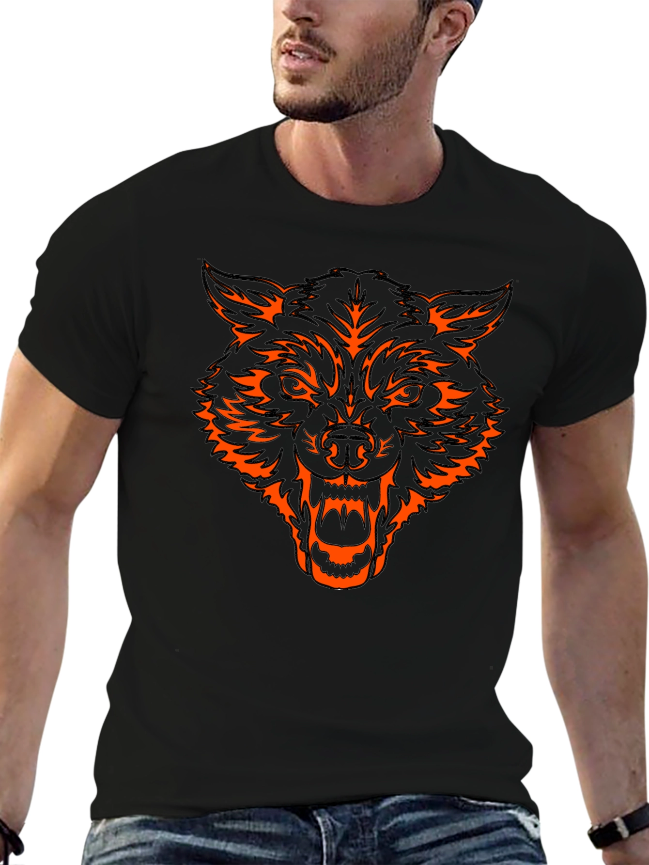 Black T-Shirt with Orange Wolf Head Graphic