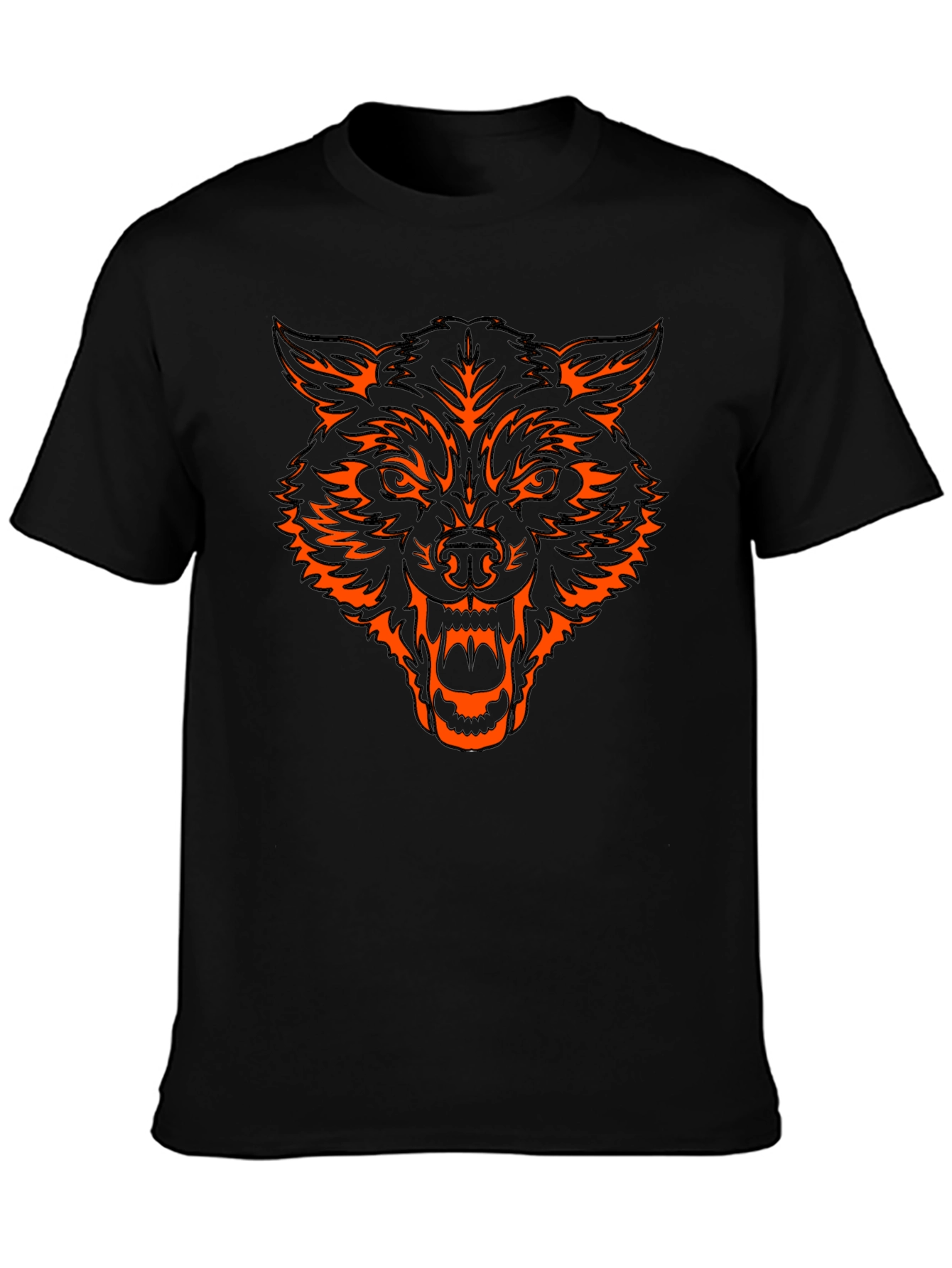 Black T-Shirt with Orange Wolf Head Graphic