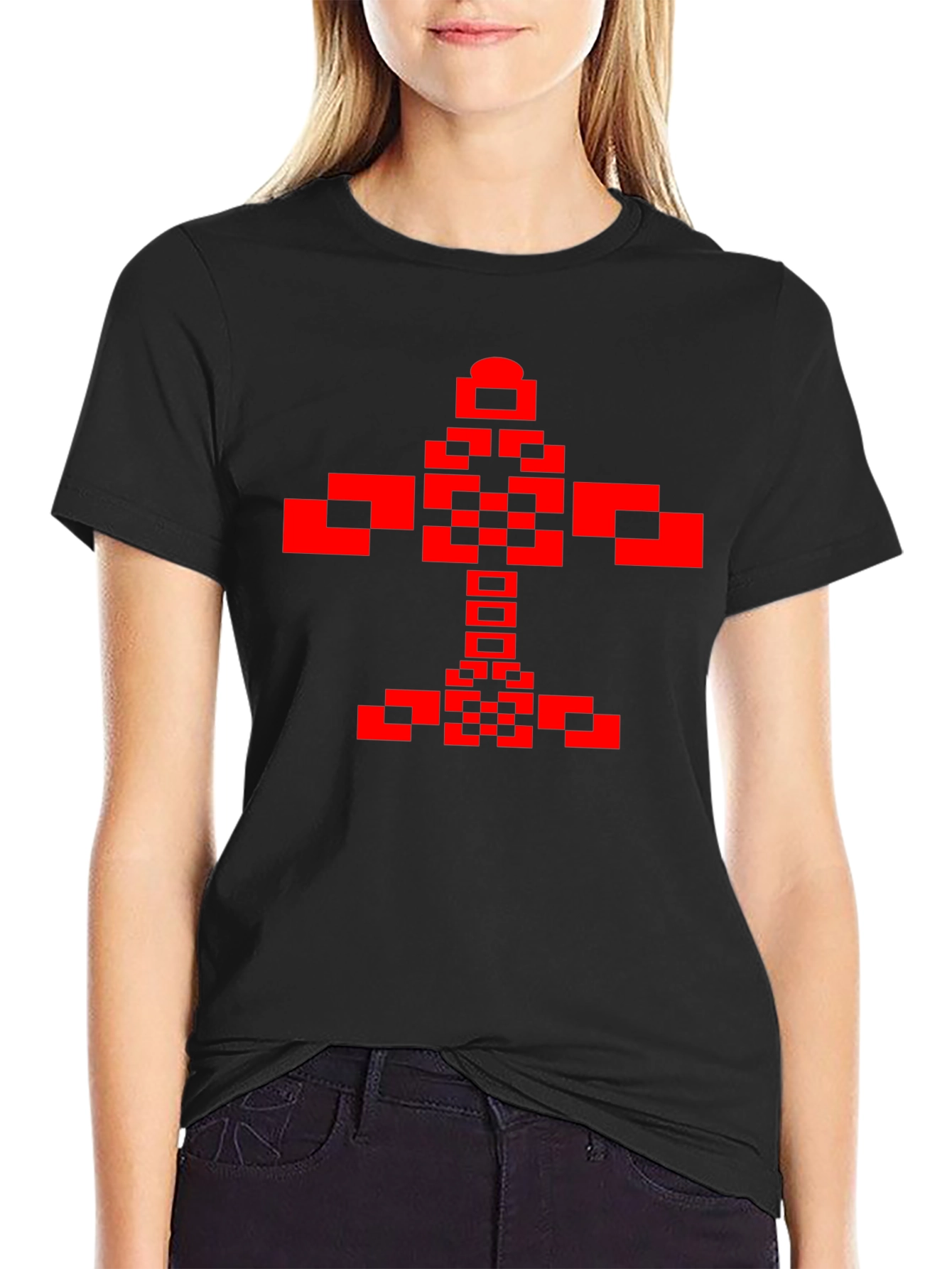 Pixelated Red Graphic Print Black T-Shirt