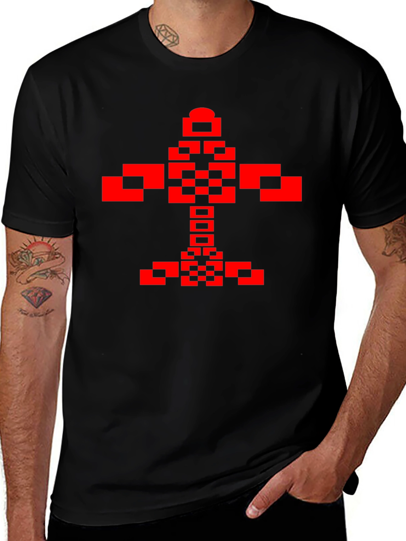 Pixelated Red Graphic Print Black T-Shirt