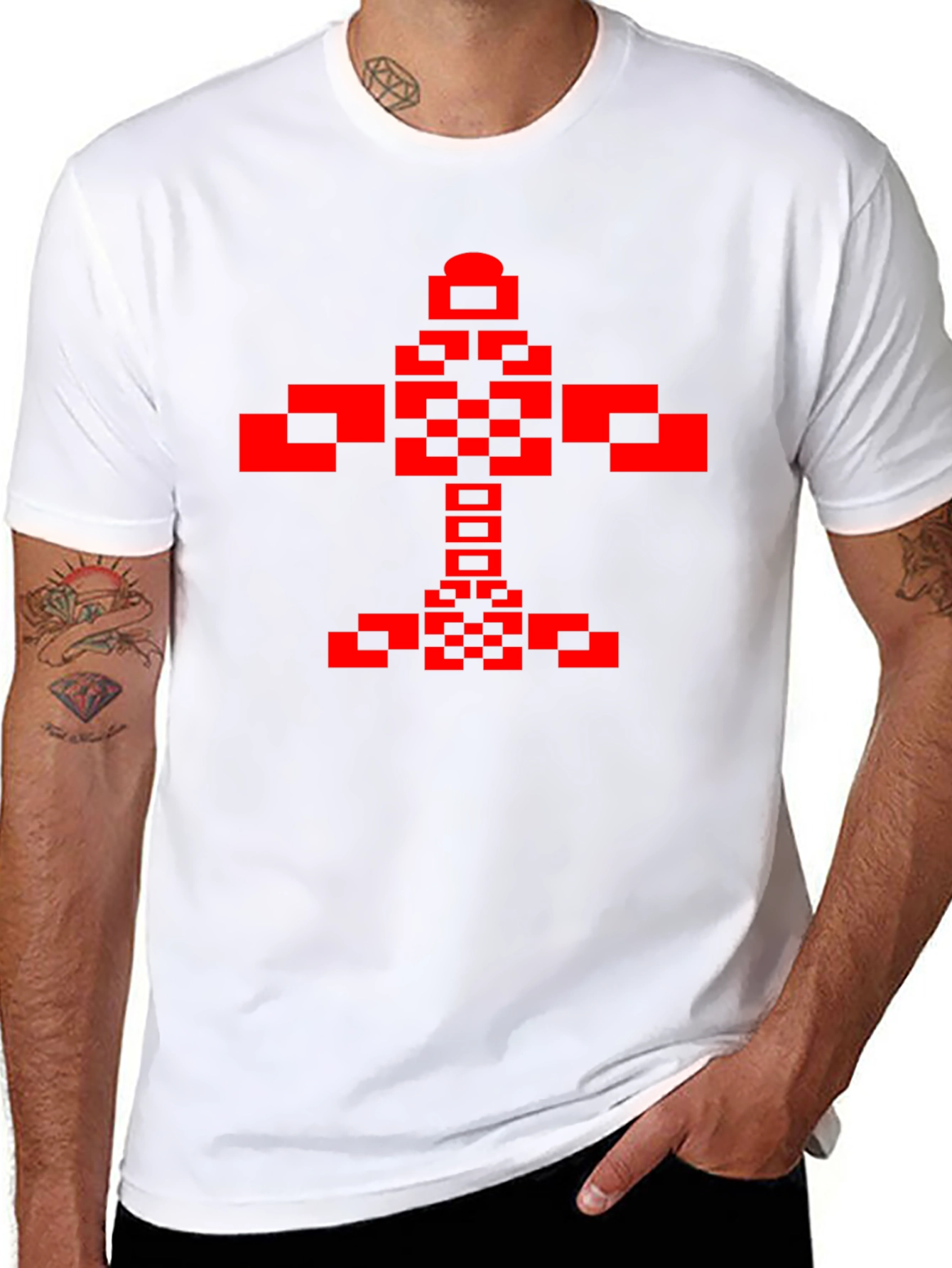 Pixelated Red Graphic Print Black T-Shirt